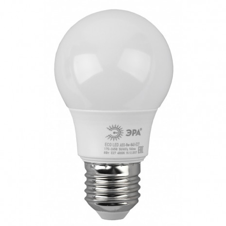 Лампы СВЕТОДИОДНЫЕ ЭКО ECO LED A55-8W-840-E27  ЭРА (диод, груша, 8Вт, нейтр, E27)