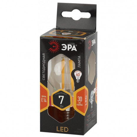 F-LED P45-7W-827-E14 ЭРА (филамент, шар, 7Вт, тепл, E14) (10/100/3000)
