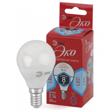 ECO LED P45-8W-840-E14 ЭРА (диод, шар, 8Вт, нейтр, E14) (10/100/4200)