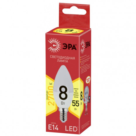 ECO LED B35-8W-827-E14 ЭРА (диод, свеча, 8Вт, тепл, E14) (10/100/3500)