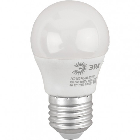 ECO LED P45-8W-827-E27 ЭРА (диод, шар, 8Вт, тепл, E27) (10/100/3600)