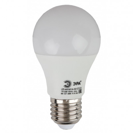 ECO LED A60-8W-827-E27 ЭРА (диод, груша, 8Вт, тепл, E27) (10/100/1200)