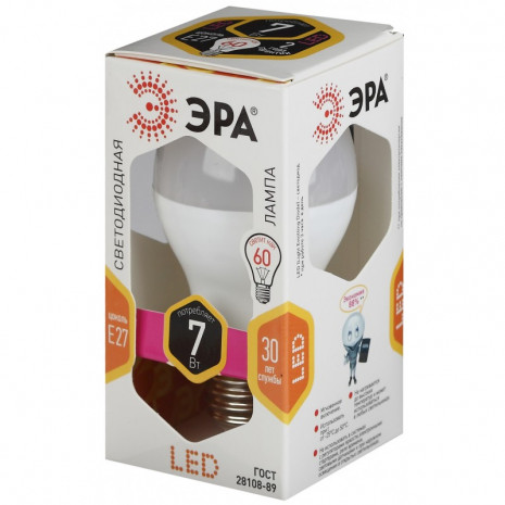 LED A60-7W-827-E27 ЭРА (диод, груша, 7Вт, тепл, E27) (10/100/2800)
