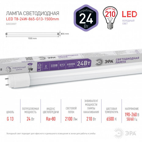 LED T8-24W-865-G13-1500mm ЭРА (диод,трубка стекл,24Вт,хол,пов. G13) (25/875)