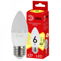 ECO LED B35-6W-827-E27 ЭРА (диод, свеча, 6Вт, тепл, E27) (10/100/3500)