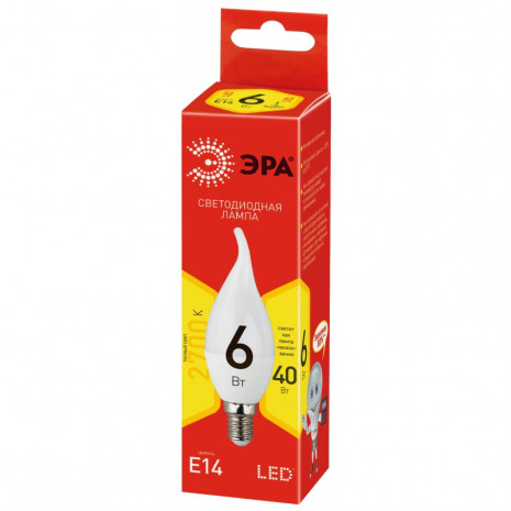 ECO LED BXS-6W-827-E14 ЭРА (диод, свеча на ветру, 6Вт, тепл, E14) (10/100/2800)