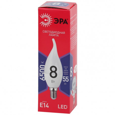 LED BXS-8W-865-E14 R ЭРА (диод, свеча на ветру, 8Вт, хол, E14) (10/100/2800)