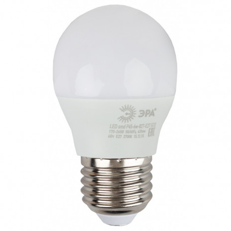 ECO LED P45-6W-827-E27 ЭРА (диод, шар, 6Вт, тепл, E27. (10/100/3600)