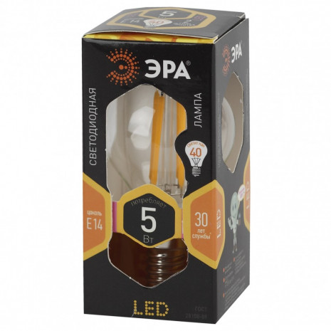 F-LED P45-5W-827-E14 ЭРА (филамент, шар, 5Вт, тепл, E14) (10/100/3000)