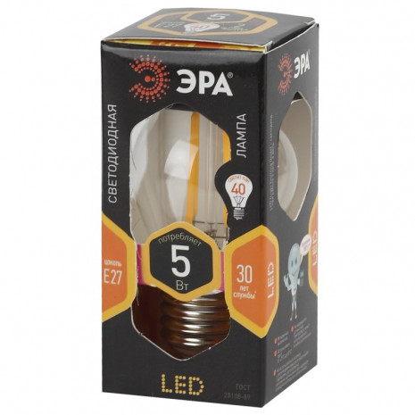F-LED P45-5W-827-E27 ЭРА (филамент, шар, 5Вт, тепл, E27) (10/100/3600)
