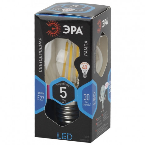 F-LED P45-5W-840-E27 ЭРА (филамент, шар, 5Вт, нейтр, E27), (10/100/3600)