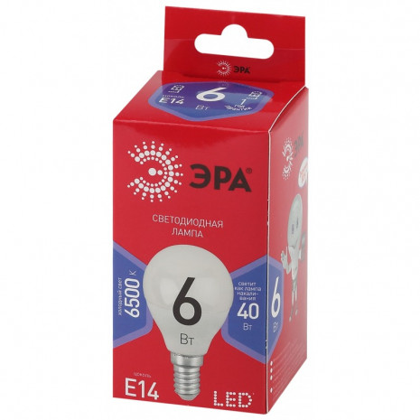 LED P45-6W-865-E14 R ЭРА (диод, шар, 6Вт, хол, E14) (10/100/3600)