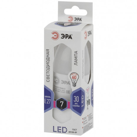 LED B35-7W-860-E27 ЭРА (диод, свеча, 7Вт, хол, E27) (10/100/3500)