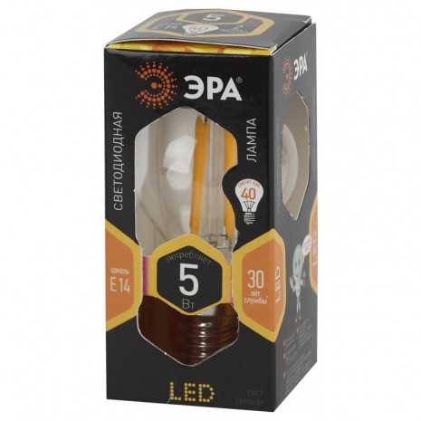 F-LED P45-5W-827-E14 ЭРА (филамент, шар, 5Вт, тепл, E14) (25/50/3000)