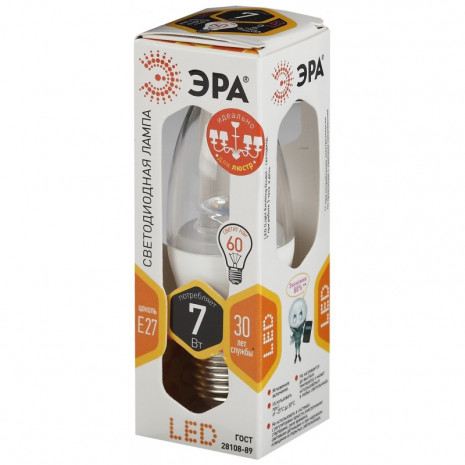 LED B35-7W-827-E27-Clear ЭРА (диод,свеча,7Вт,тепл, E27) (6/60/2640)