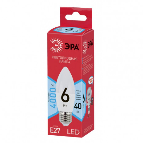 ECO LED B35-6W-840-E27 ЭРА (диод, свеча, 6Вт, нейтр, E27) (10/100/3500)