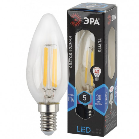 F-LED B35-5W-840-E14 ЭРА (филамент, свеча, 5Вт, нейтр, E14) (25/50/3300)
