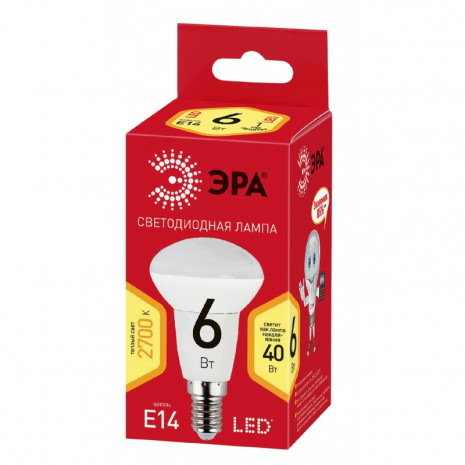 ECO LED R50-6W-827-E14 ЭРА (диод, рефлектор, 6Вт, тепл, E14) (10/100/3600)
