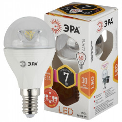 LED P45-7W-827-E14-Clear ЭРА (диод,шар,7Вт,тепл, E14) (6/60/2400)