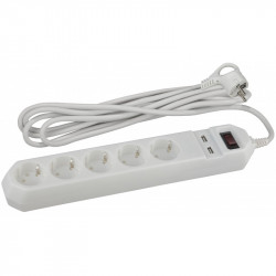 USF-5es-1.5m-USB-W ЭРА Сет.фильтр базовая защита, с/з, с выкл, 5гн+2USB, 1,5м, ПВС,  10А, белый (20/